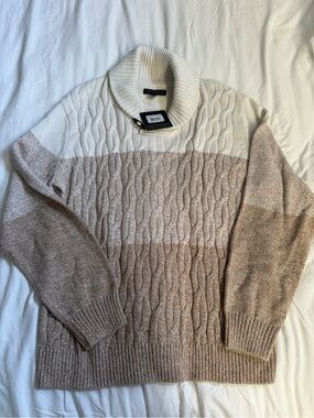 Men's Two-Tone Cable Turtleneck Sweater in Cream and Tan